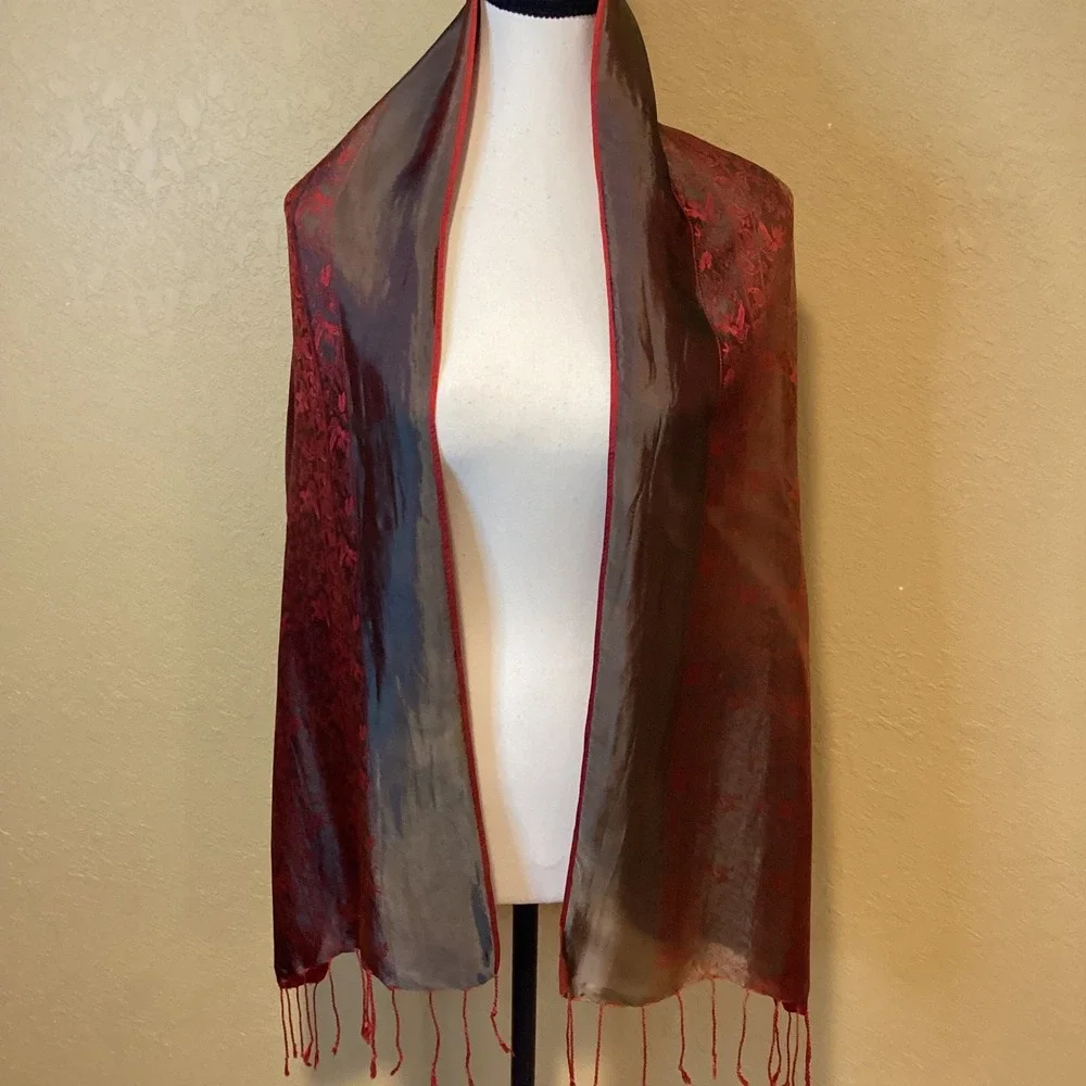 Lua Ha Dong Vintage 100% Silk Scarf, Intricate print of floral/bird, fringe